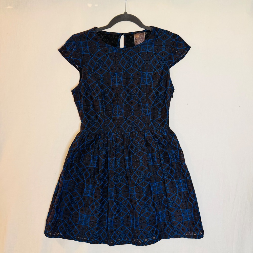 Moon Collection Brown Blue Embroidered Fit Flare Dress Cap Sleeve Small BD51208T